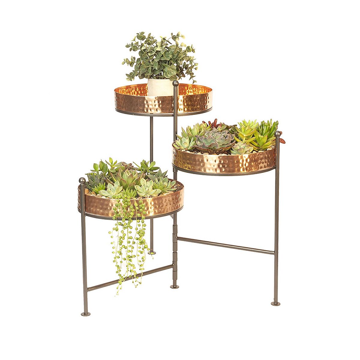 3-Tier Metal Plant Stand with Hammered Copper Trays Indoor & Outdoor