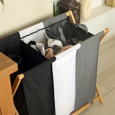 Froppi Collapsible Laundry Basket with Bamboo Frame Large Washing Hamper with 3 Compartments
