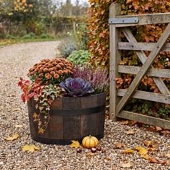Rustic Upcycled Oak Wood Round Tub Half Barrel Outdoor Planter Made in UK by HORTICO