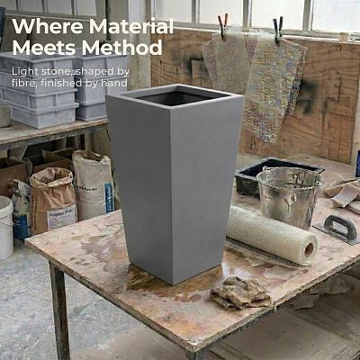 Set of IDEALIST Lite Light Concrete Garden Tall Planters, Outdoor Plant Pots with Tapered Shape