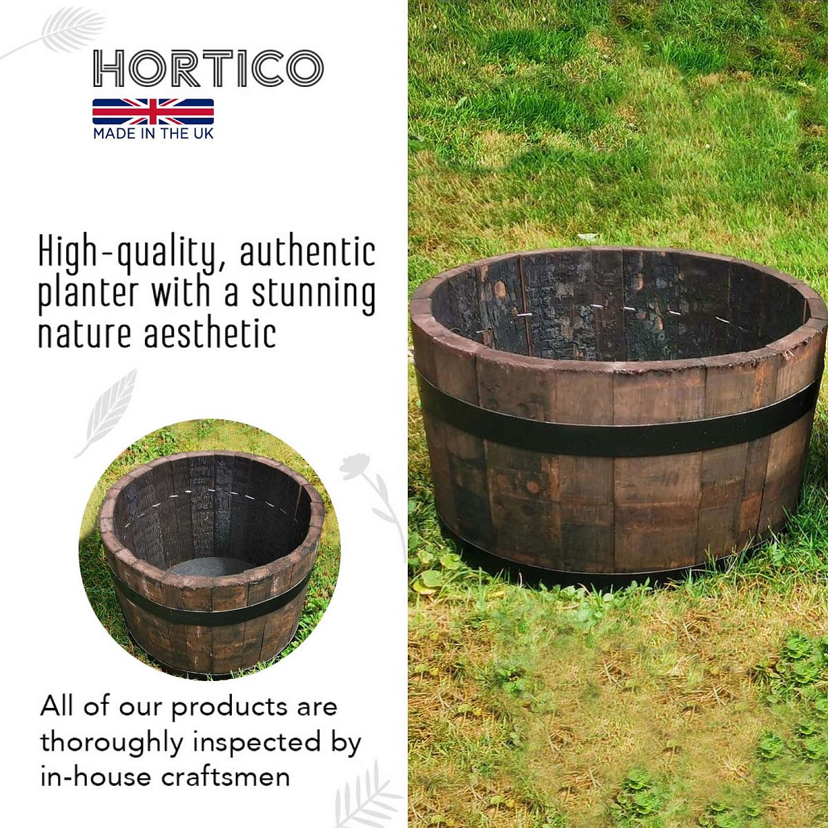 Rustic Upcycled Oak Wood Round Tub Half Barrel Outdoor Planter Made in UK by HORTICO
