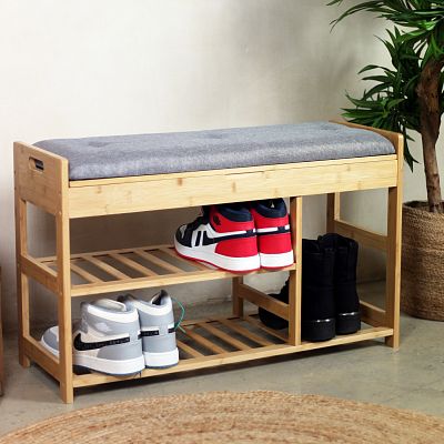 Froppi Bamboo Shoe Storage Bench 2-Tier Wooden Shoe Shelf and Rack with Seat and Storage Box