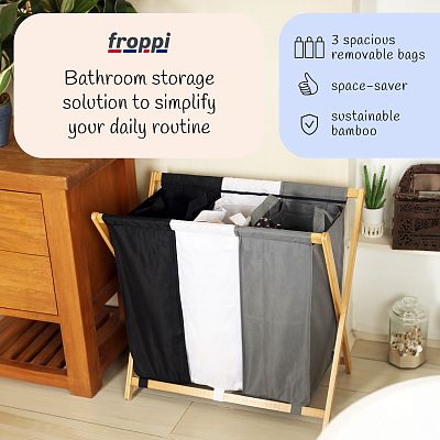 Froppi Collapsible Laundry Basket with Bamboo Frame Large Washing Hamper with 3 Compartments