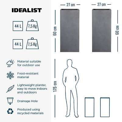 IDEALIST Lite Tall Square Contemporary Light Concrete Planter Set