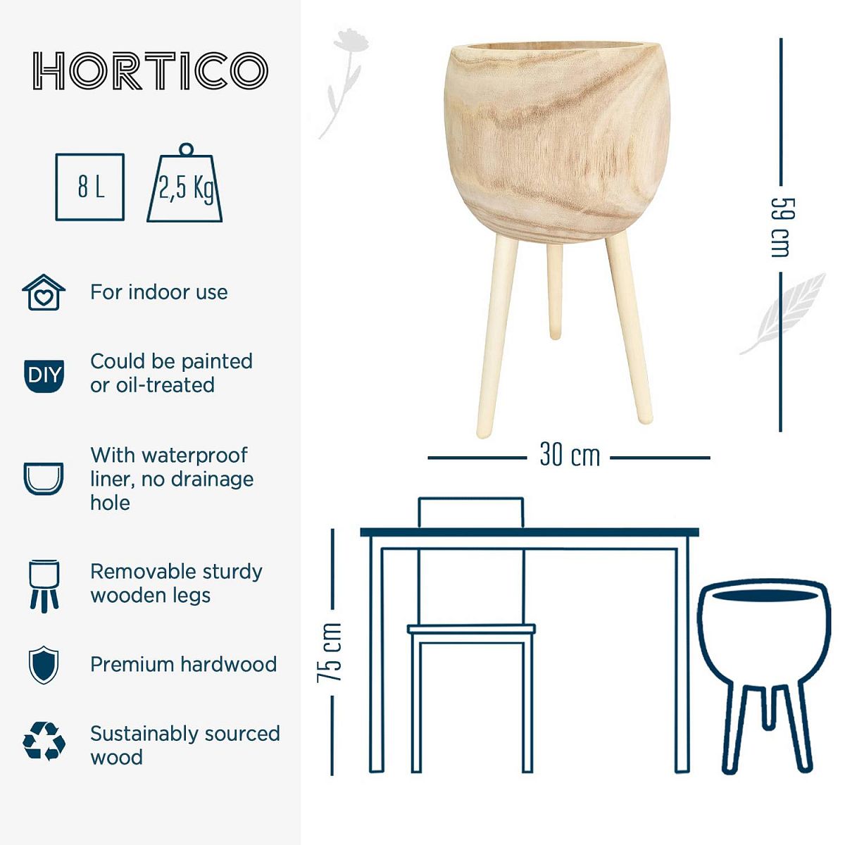 HORTICO TREND Wooden House Planter with Legs, Tall Indoor Plant Pot Stand with Waterproof Liner