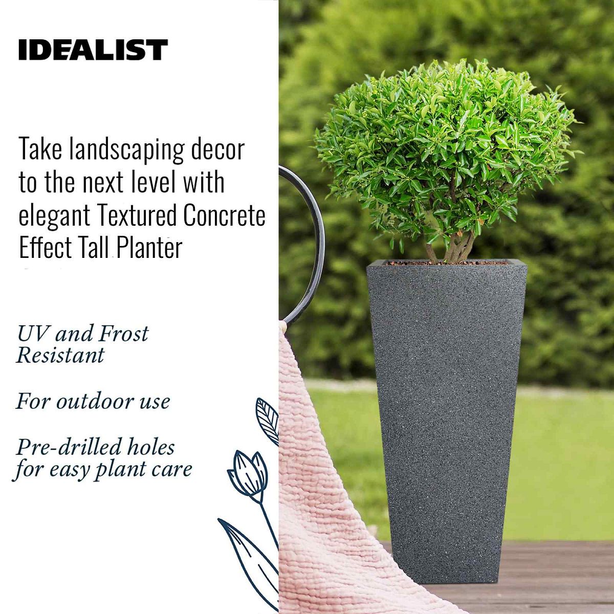 IDEALIST Lite Textured Concrete Effect Tall Tapered Outdoor Planter