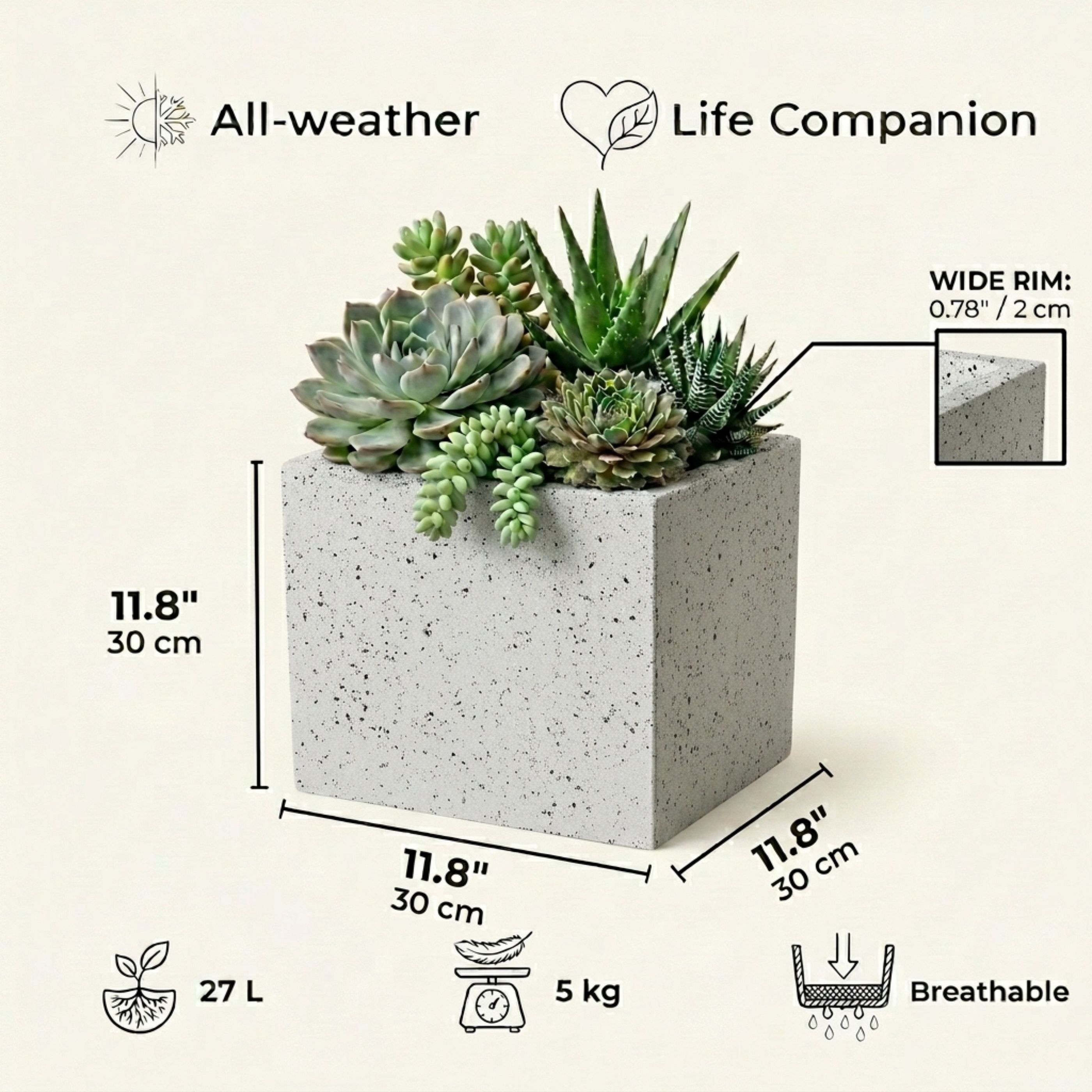 IDEALIST Lite Square Box Contemporary Marble Light Concrete Planter