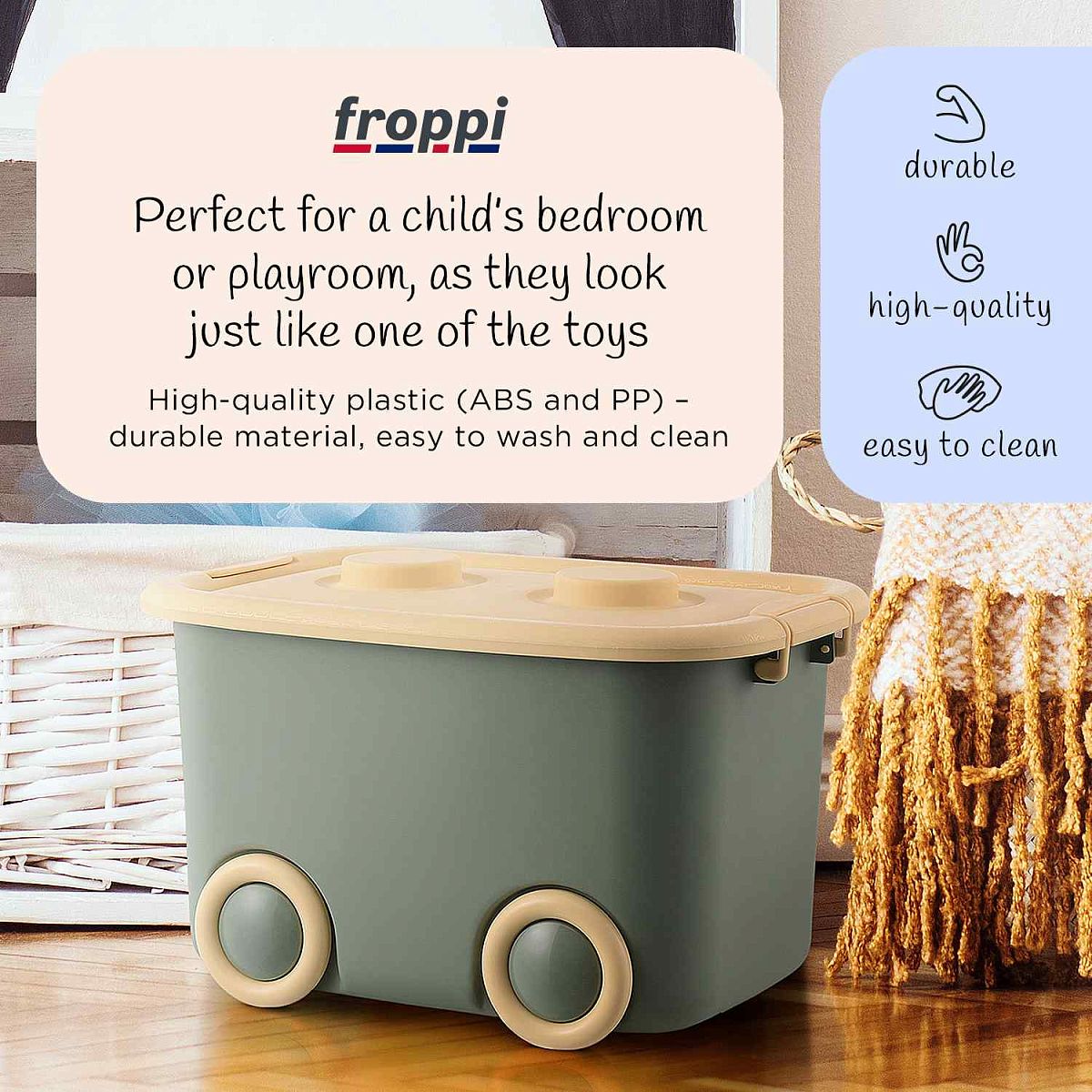 Stackable Plastic Kids Toy Storage Box with Lid and Wheels by Froppi