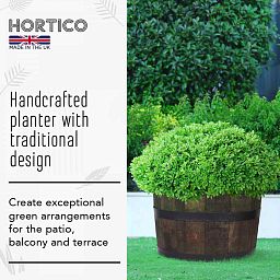 Rustic Upcycled Oak Wood Round Tub Half Barrel Outdoor Planter Made in UK by HORTICO