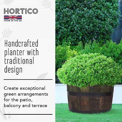 Rustic Upcycled Oak Wood Round Tub Half Barrel Outdoor Planter Made in UK by HORTICO