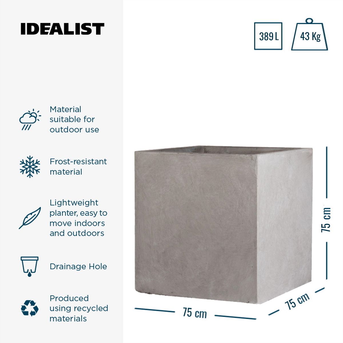 Square Box Contemporary Light Concrete Planter by Idealist Lite