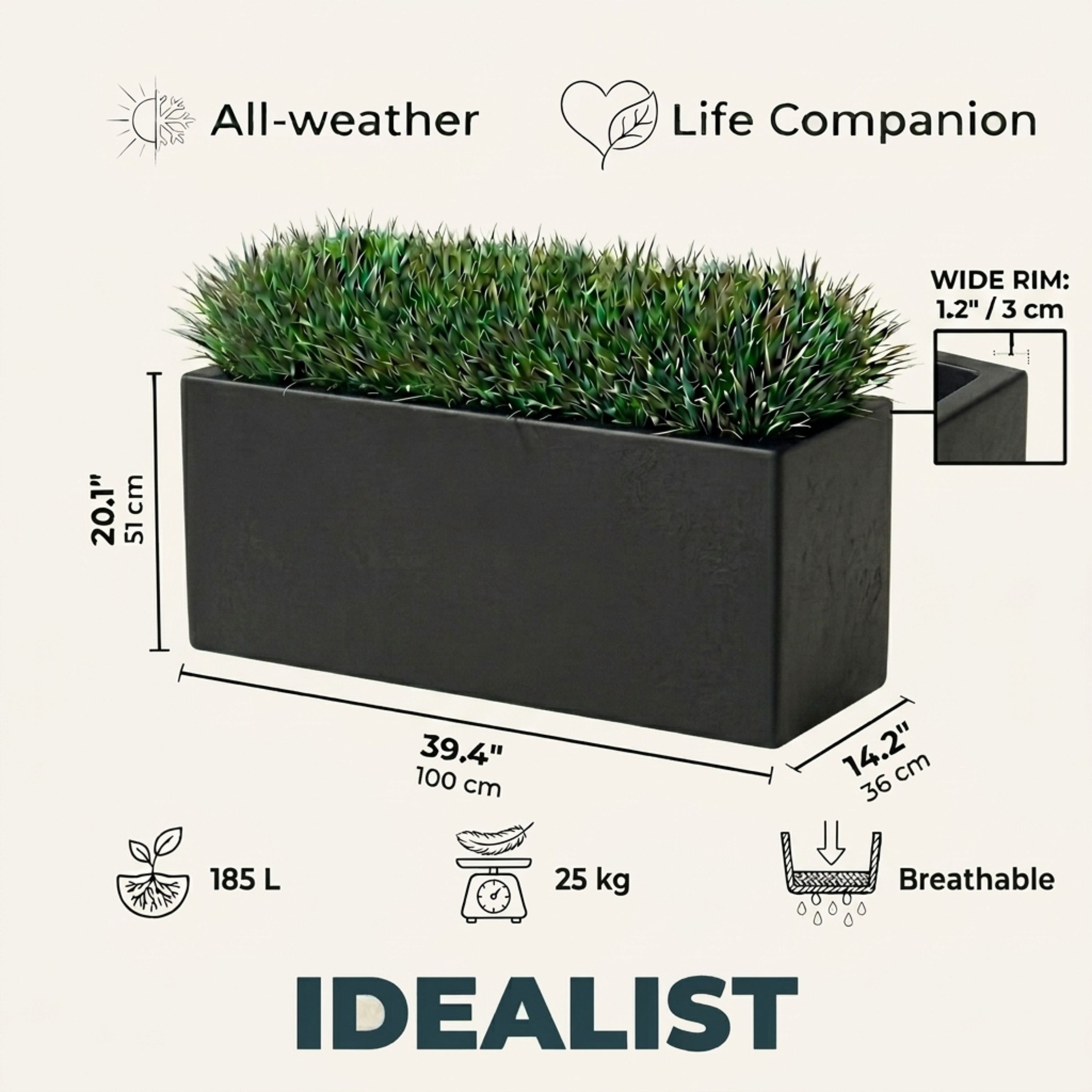 Set of 2 IDEALIST Lite Trough Garden Planters, Light Concrete Outdoor Large Plant Pots