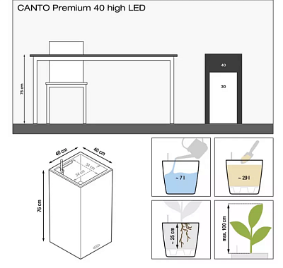 LECHUZA CANTO Premium High LED Square Tall Poly Resin Self-watering Planter