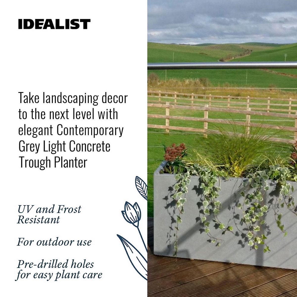 Contemporary Light Concrete High Trough Planter by Idealist Lite Set