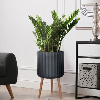 IDEALIST Lite Modern Ribbed Cylinder Planter on Legs, Round Pot Plant Stand Indoor