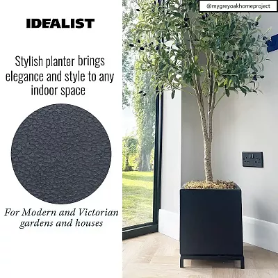 IDEALIST Lite Hammered Stone Style Square Indoor Planter on Metal Stand