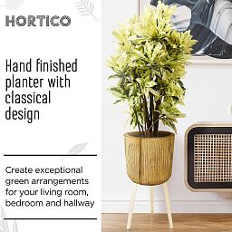 HORTICO RIBBED Wooden House Planter with Legs, Tall Indoor Plant Pot Stand with Waterproof Liner