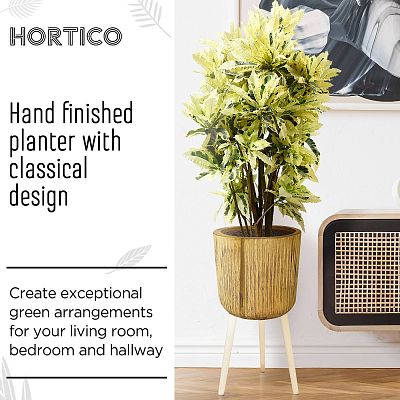 HORTICO RIBBED Wooden House Planter with Legs, Tall Indoor Plant Pot Stand with Waterproof Liner