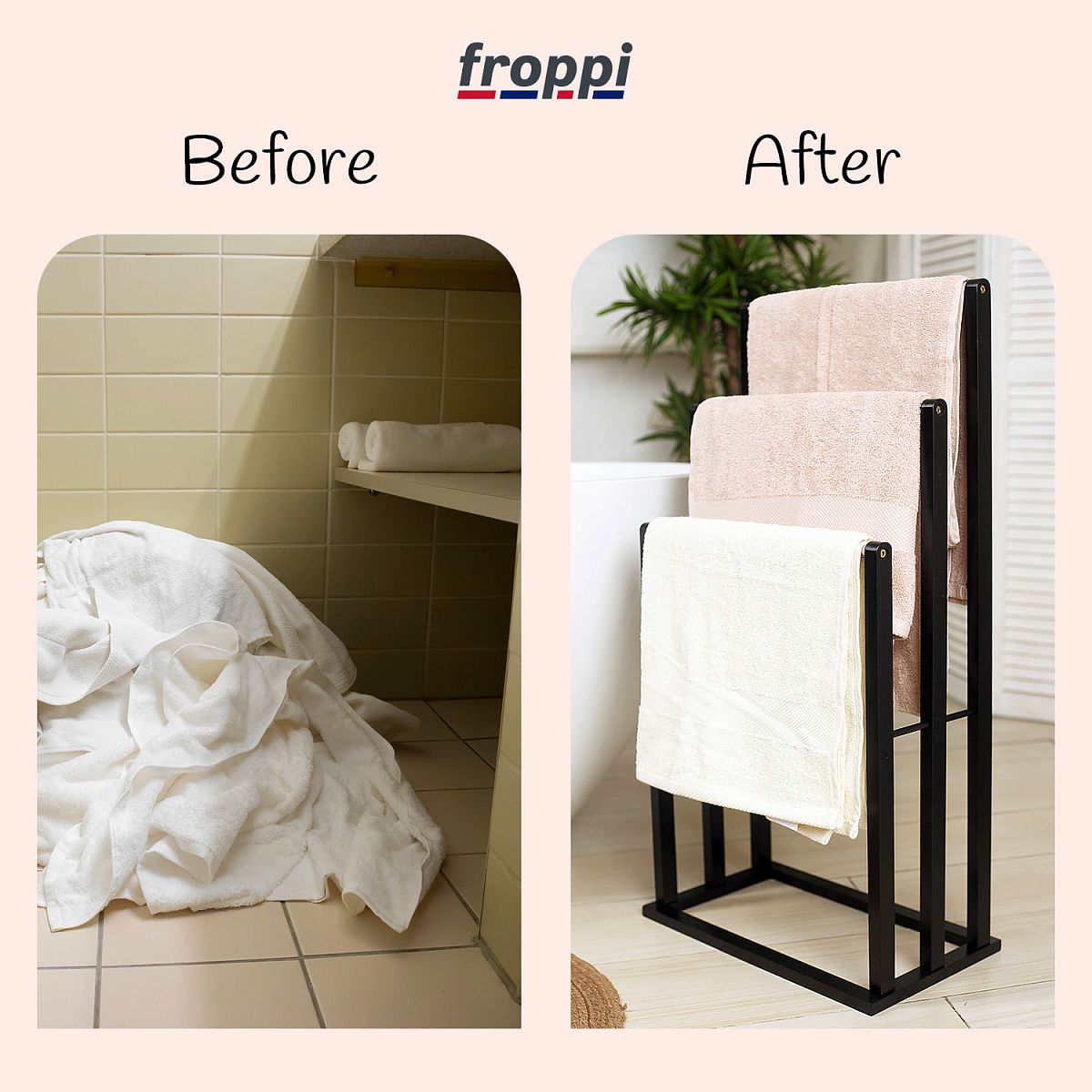 Froppi Bamboo Free Standing Towel Rack, Wooden Towel Holder and Ladder with 3 Bars