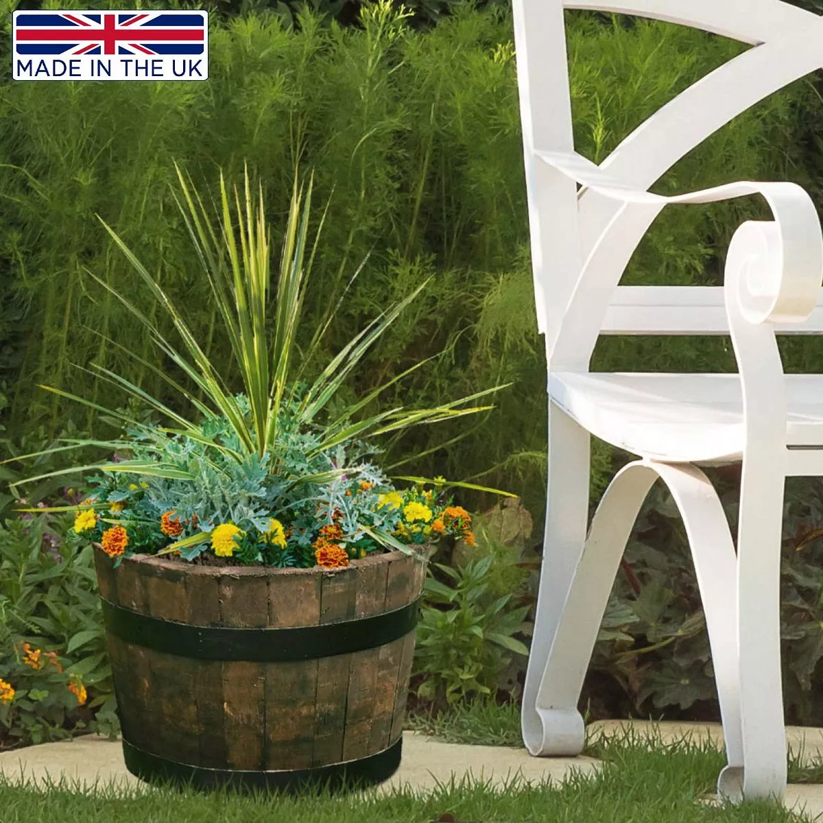 Rustic Upcycled Oak Wood Round Tub Half Barrel Outdoor Planter Made in UK by HORTICO