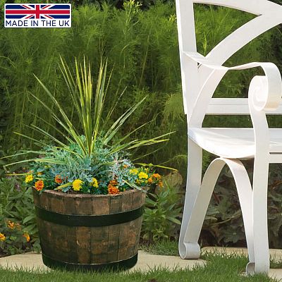 Rustic Upcycled Oak Wood Round Tub Half Barrel Outdoor Planter Made in UK by HORTICO