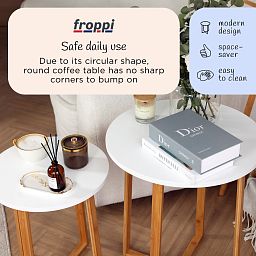 Froppi Small Round Coffee Table for Living Room White Wood Cocktail Table on Natural Bamboo Frame