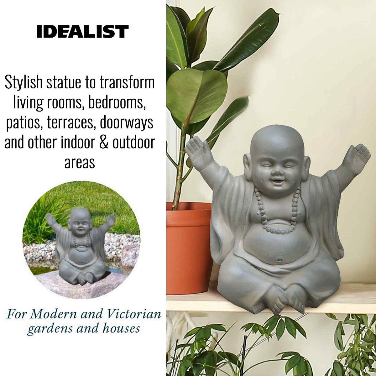 IDEALIST Lite Laughing Baby Monk Moss Washed Indoor and Outdoor Statue L35.5 W25.5 H31.5 cm