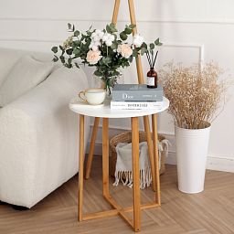 Froppi Small Round Coffee Table for Living Room White Wood Cocktail Table on Natural Bamboo Frame