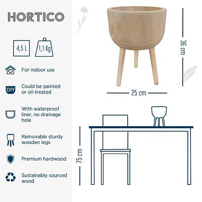 HORTICO GAIA Wooden House Planter with Legs, Tall Indoor Plant Pot Stand with Waterproof Liner