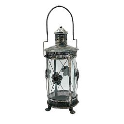 Cylinder Metal Flower Pattern Garden Dark Silver Lantern by Minster
