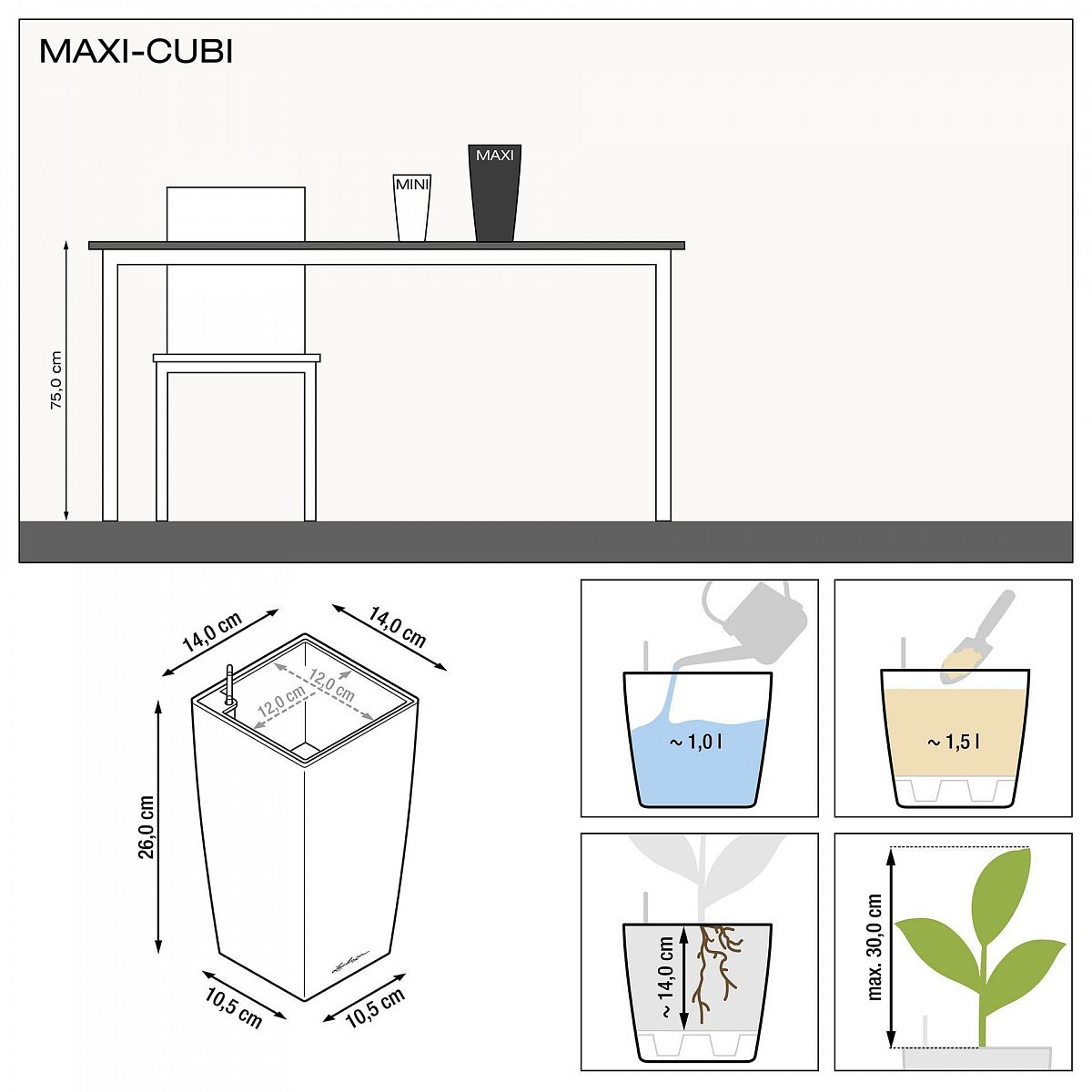 LECHUZA CUBI Square Poly Resin Indoor Self-watering Planter