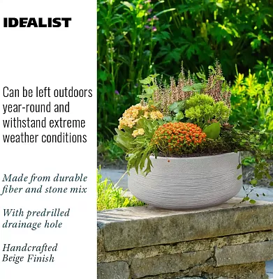 IDEALIST Lite Ribbed Light Concrete Bowl Planter