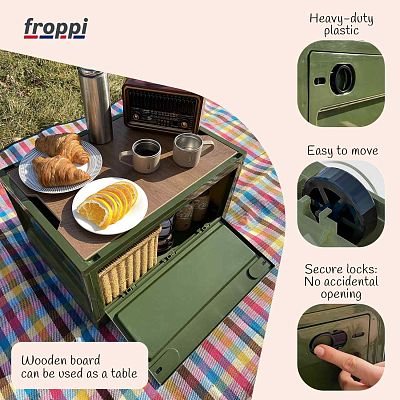 Camping Large Green Plastic Collapsible Storage Unit with Wooden Lid by Froppi