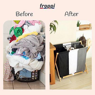 Froppi Collapsible Laundry Basket with Bamboo Frame Large Washing Hamper with 3 Compartments