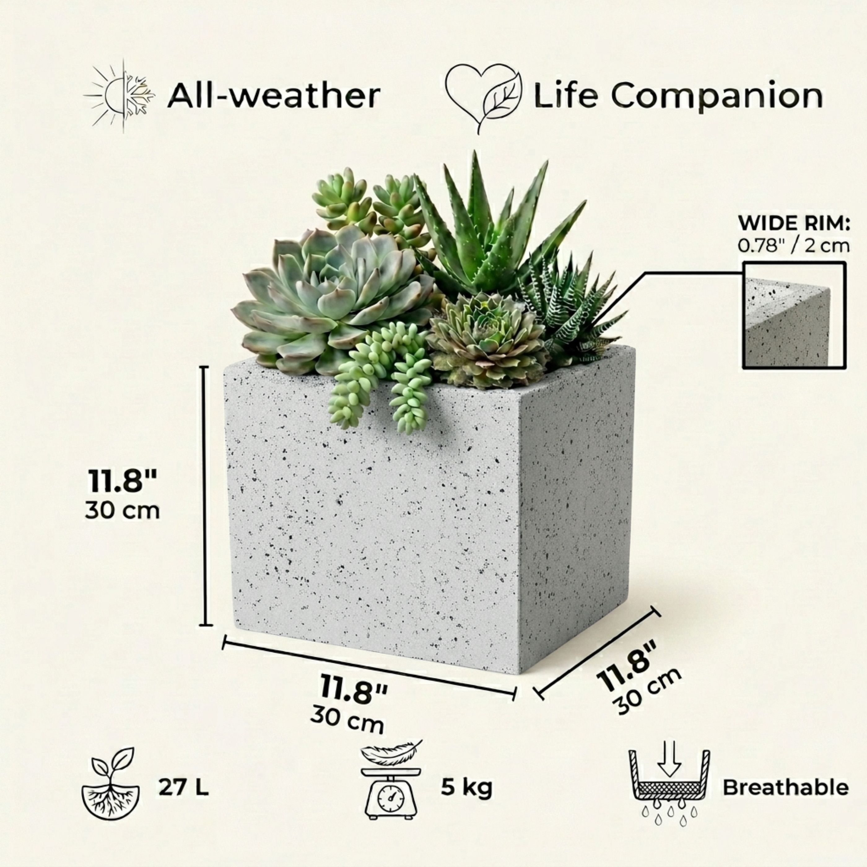 IDEALIST Lite Square Box Contemporary Marble Light Concrete Planter