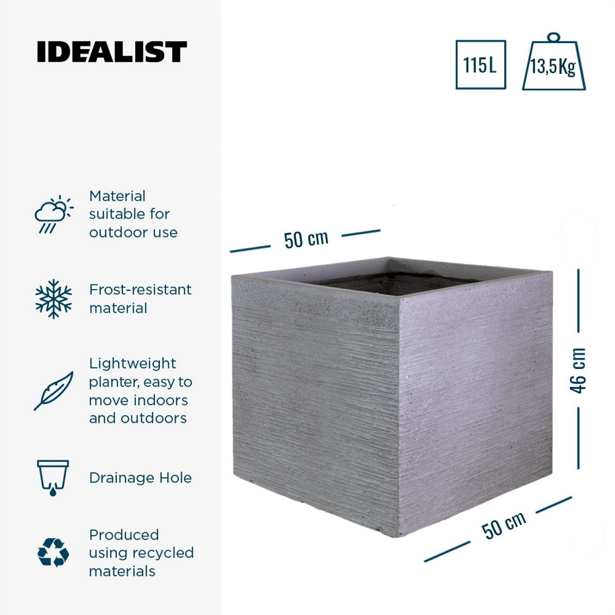 IDEALIST Lite Ribbed Light Concrete Square Planter