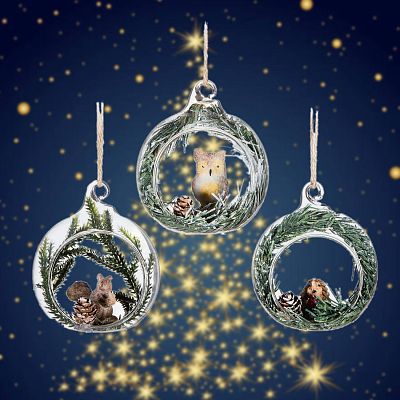 Christmas Tree Baubles Clear Glass Open Woodland Balls with Animals