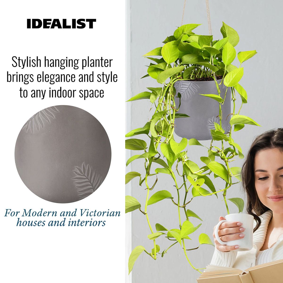 IDEALIST Lite Leaf Embossed Table Indoor Cylinder Round Plant Pot