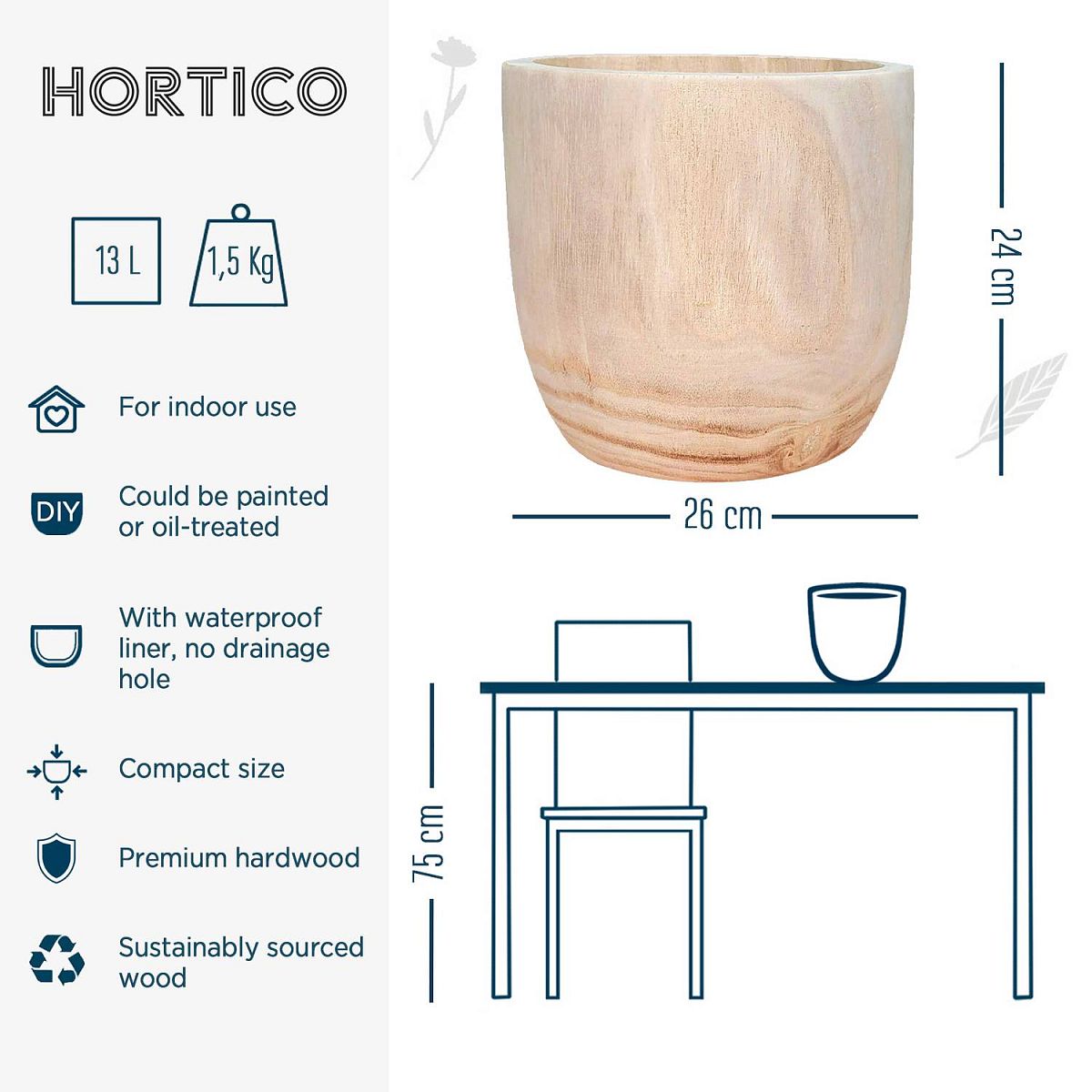 HORTICO RADIAL Wooden House Planter Round Indoor Plant Pot for House Plants with Waterproof Liner