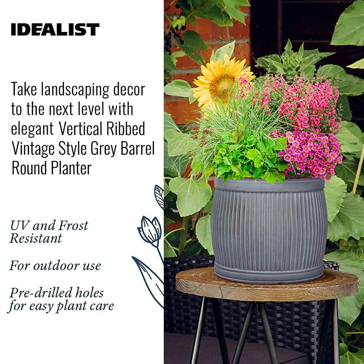 IDEALIST Lite Vertical Ribbed Vintage Style Barrel Round Planter