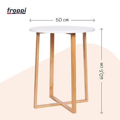 Froppi Small Round Coffee Table for Living Room White Wood Cocktail Table on Natural Bamboo Frame