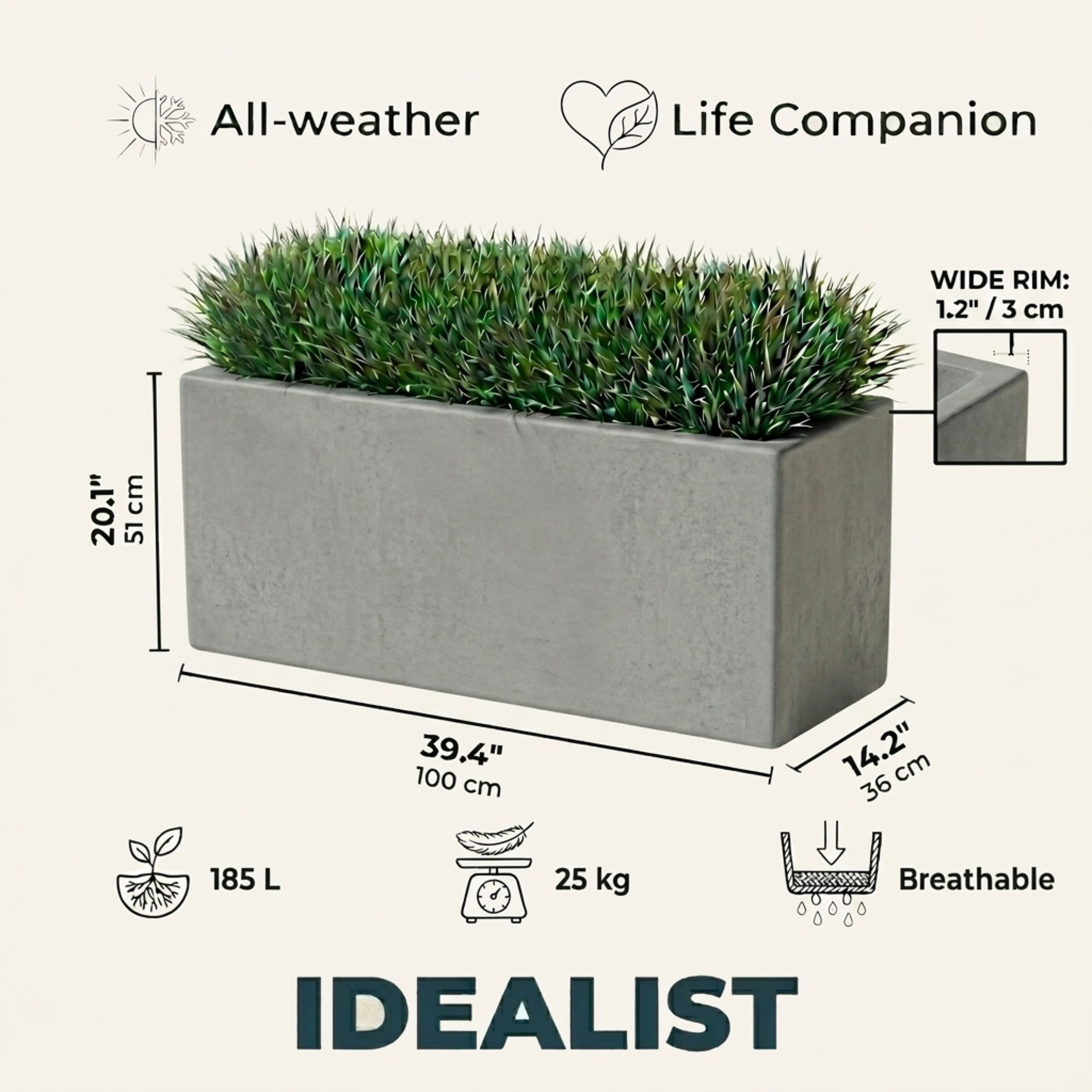 IDEALIST Lite Contemporary Light Concrete High Trough Planter