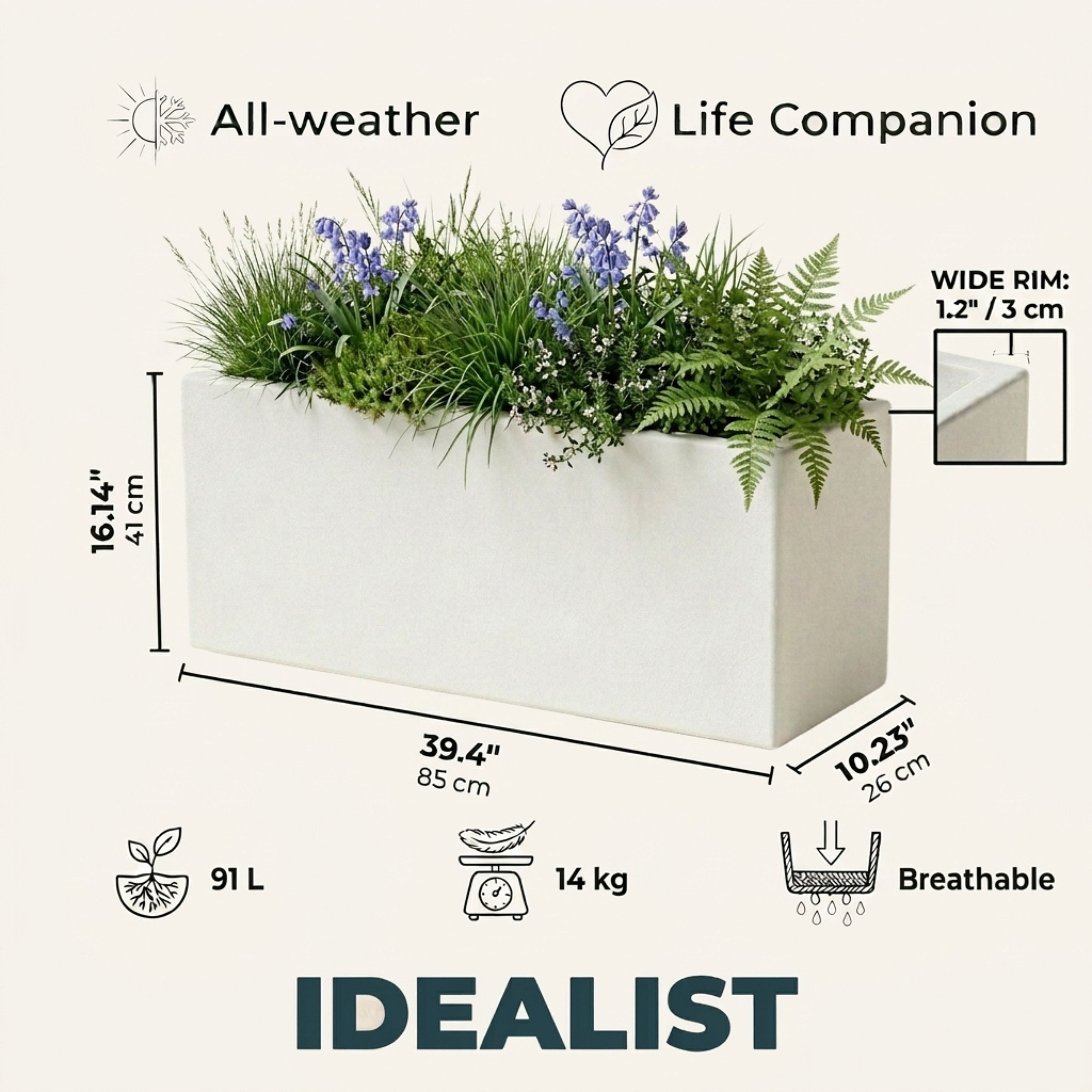 IDEALIST Lite Contemporary Light Concrete High Trough Planter