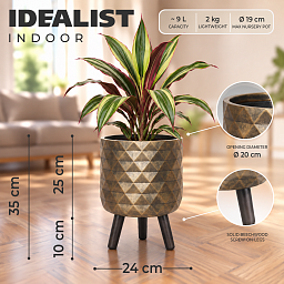IDEALIST Lite Indoor Plant Pot, Diamond Faceted Antique Gold Planter on Legs