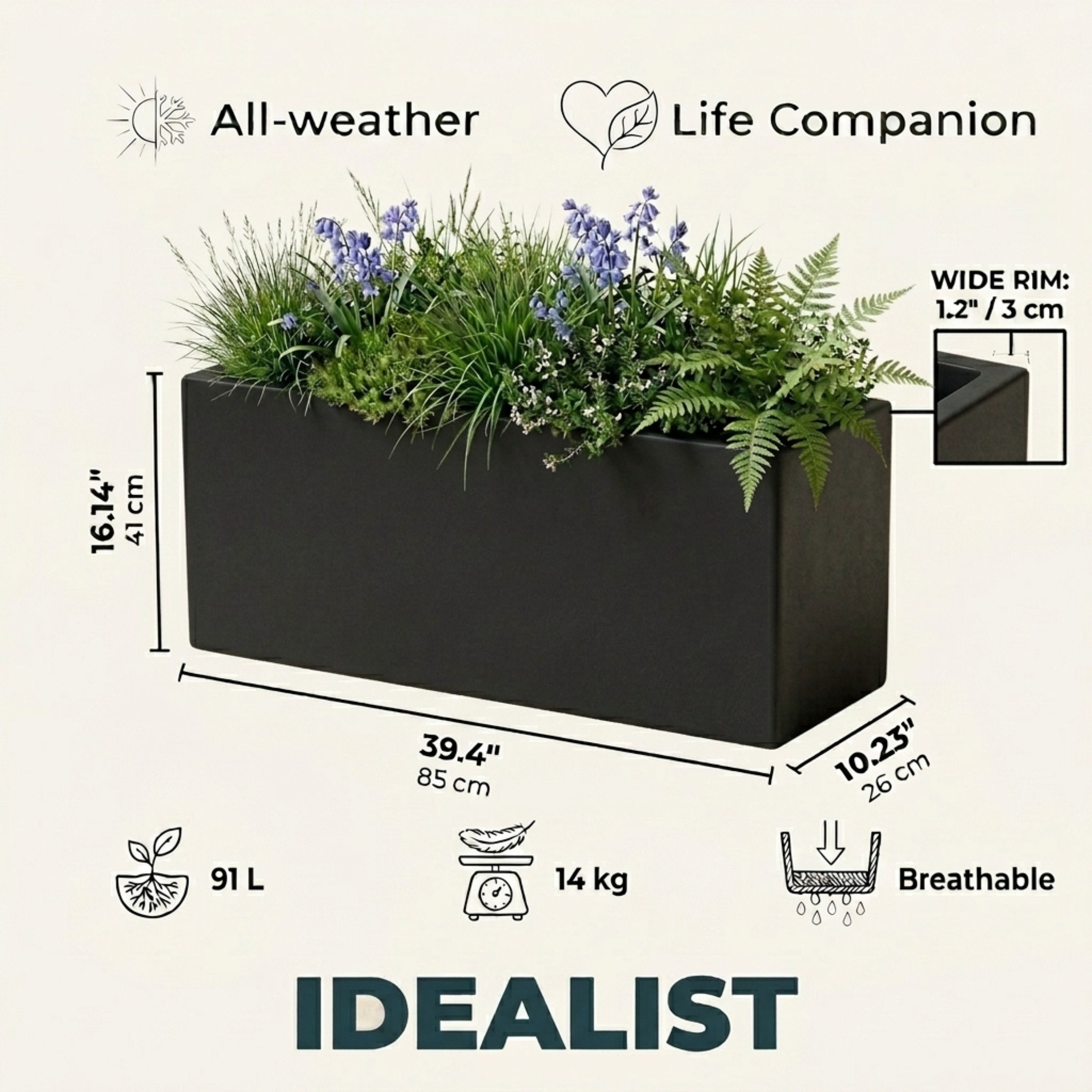 IDEALIST Lite Contemporary Light Concrete High Trough Planter