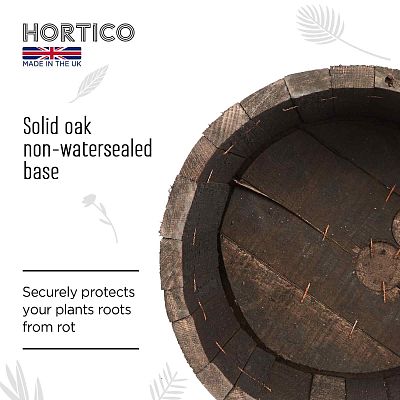Rustic Upcycled Oak Wood Round Tub Half Barrel Outdoor Planter Made in UK by HORTICO
