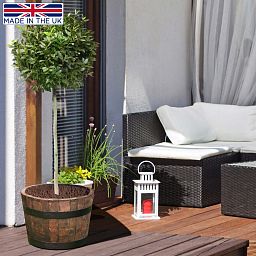 Rustic Upcycled Oak Wood Round Tub Half Barrel Outdoor Planter Made in UK by HORTICO