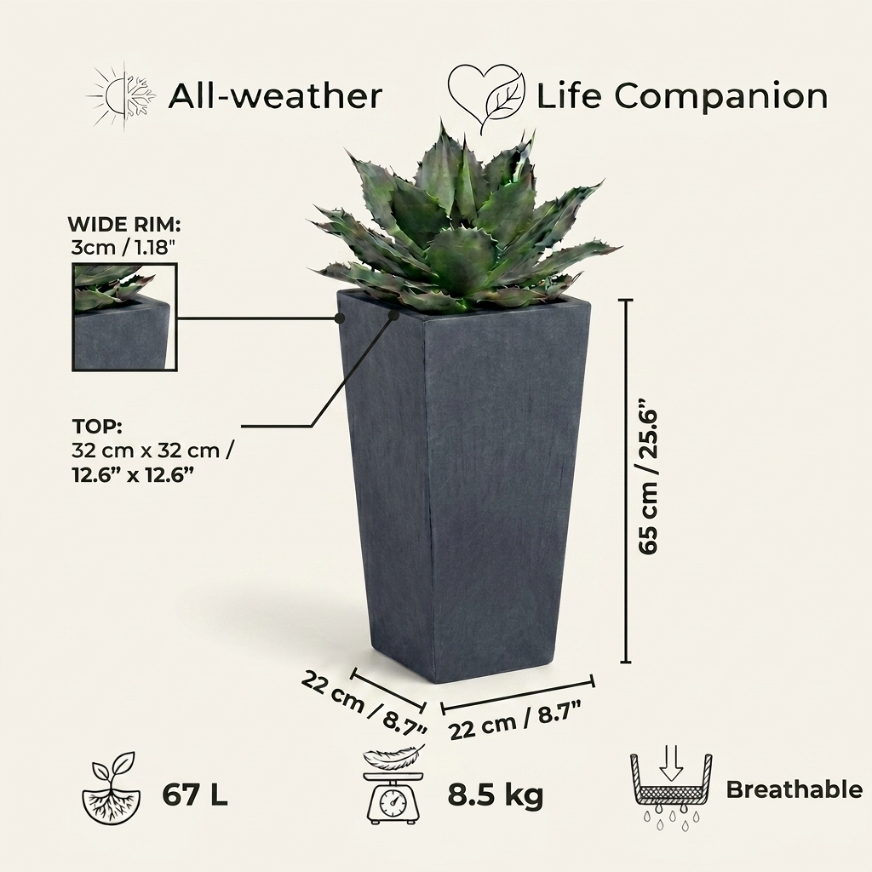 Set of IDEALIST Lite Light Concrete Garden Tall Planters, Outdoor Plant Pots with Tapered Shape