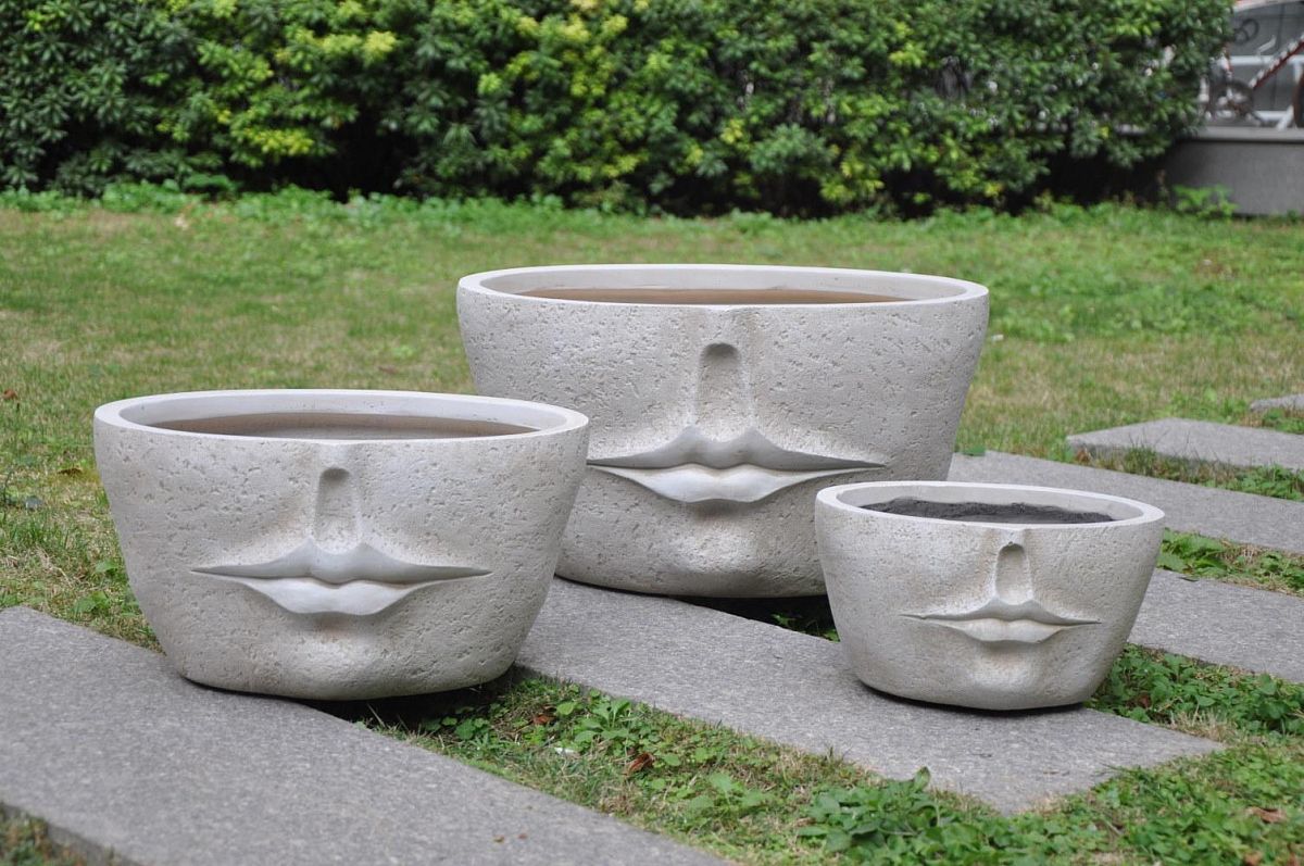 Textured Concrete Effect Oval Face Outdoor Plant Pot with Lips by Idealist Lite