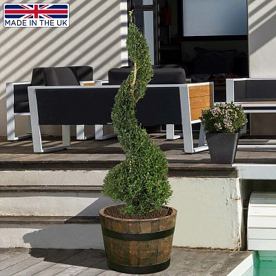 Rustic Upcycled Oak Wood Round Tub Half Barrel Outdoor Planter Made in UK by HORTICO